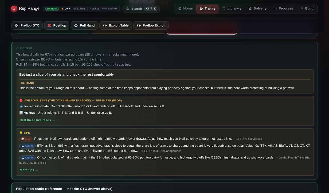 Postflop feedback with tips and population reads